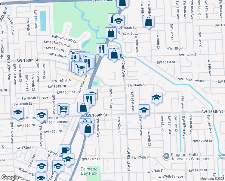 map of restaurants, bars, coffee shops, grocery stores, and more near 9299 Southwest 165th Street in Palmetto Bay