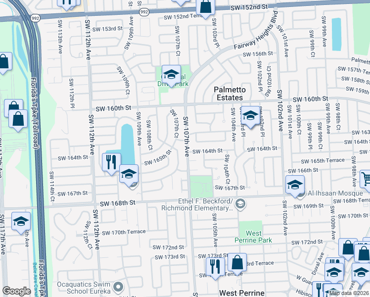 map of restaurants, bars, coffee shops, grocery stores, and more near 16325 Southwest 107th Avenue in Miami