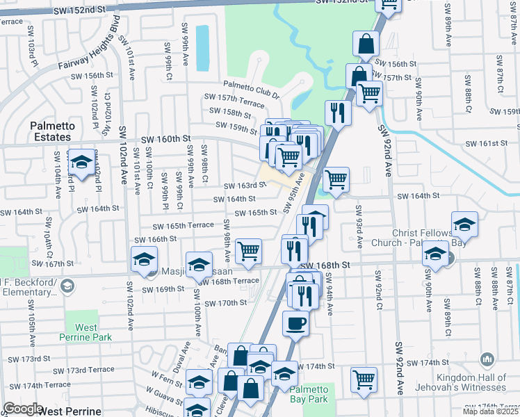 map of restaurants, bars, coffee shops, grocery stores, and more near 9561 Southwest 165th Street in Miami