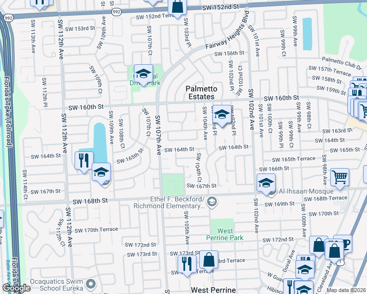 map of restaurants, bars, coffee shops, grocery stores, and more near 10511 Southwest 164th Street in Miami