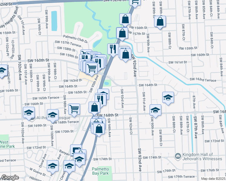 map of restaurants, bars, coffee shops, grocery stores, and more near 9351 Southwest 165th Street in Palmetto Bay