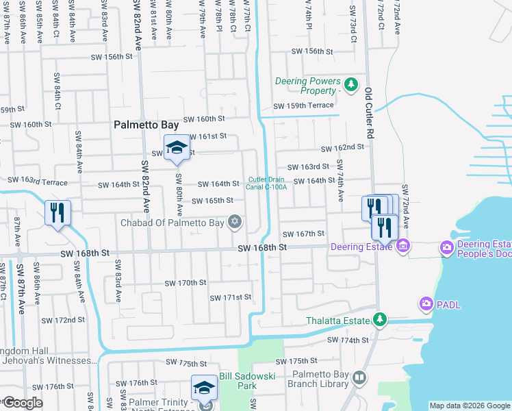 map of restaurants, bars, coffee shops, grocery stores, and more near 16581 Southwest 77th Court in Palmetto Bay