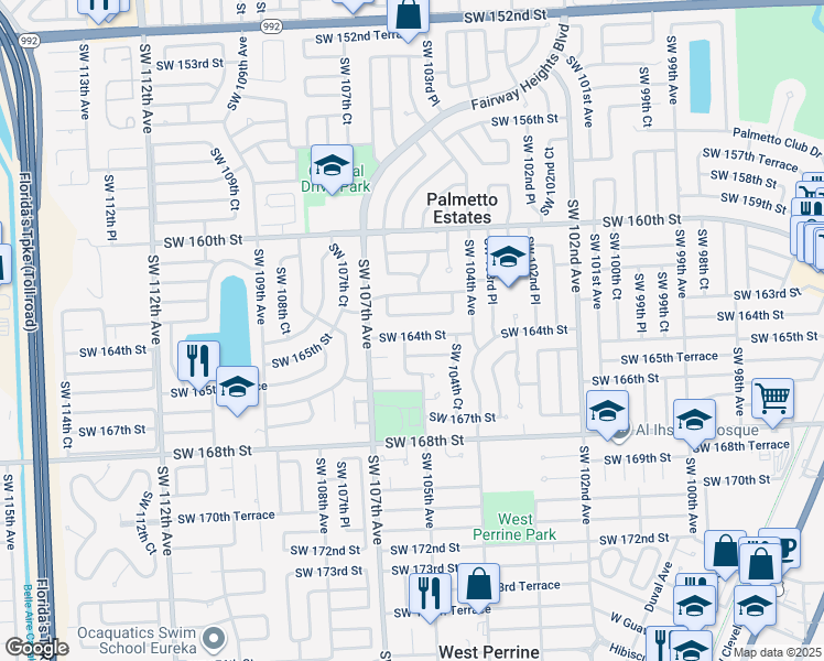 map of restaurants, bars, coffee shops, grocery stores, and more near 10511 SW 164th St in Miami