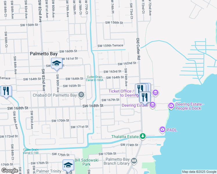 map of restaurants, bars, coffee shops, grocery stores, and more near 7500 Southwest 165th Terrace in Palmetto Bay
