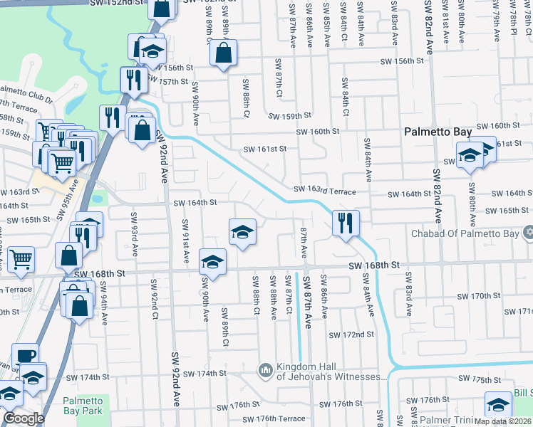 map of restaurants, bars, coffee shops, grocery stores, and more near 16430 Southwest 88th Avenue in Palmetto Bay