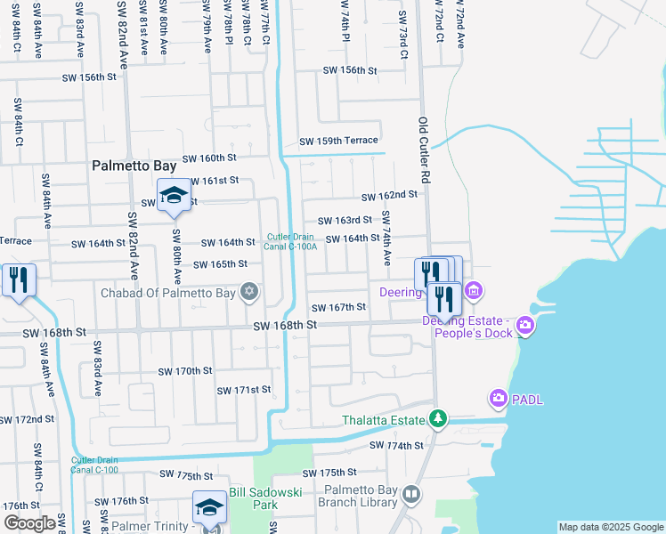 map of restaurants, bars, coffee shops, grocery stores, and more near 7500 Southwest 165th Terrace in Palmetto Bay