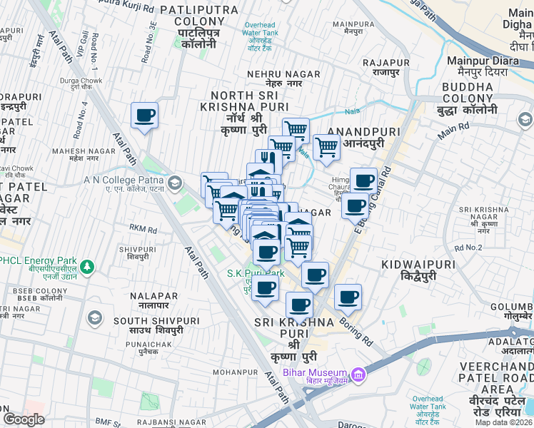 map of restaurants, bars, coffee shops, grocery stores, and more near Boring Road in Patna