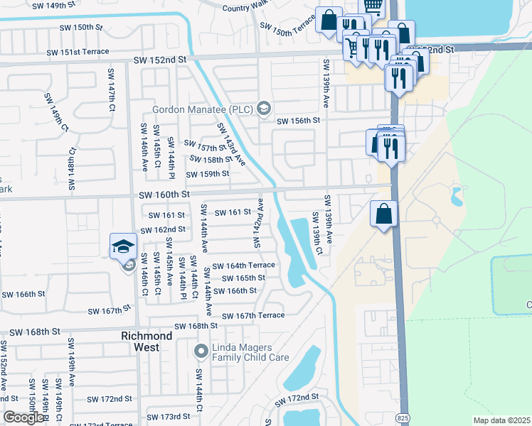 map of restaurants, bars, coffee shops, grocery stores, and more near 14151 Southwest 162nd Street in Miami