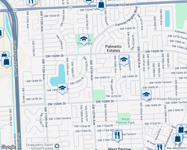map of restaurants, bars, coffee shops, grocery stores, and more near 16325 Southwest 107th Avenue in Miami