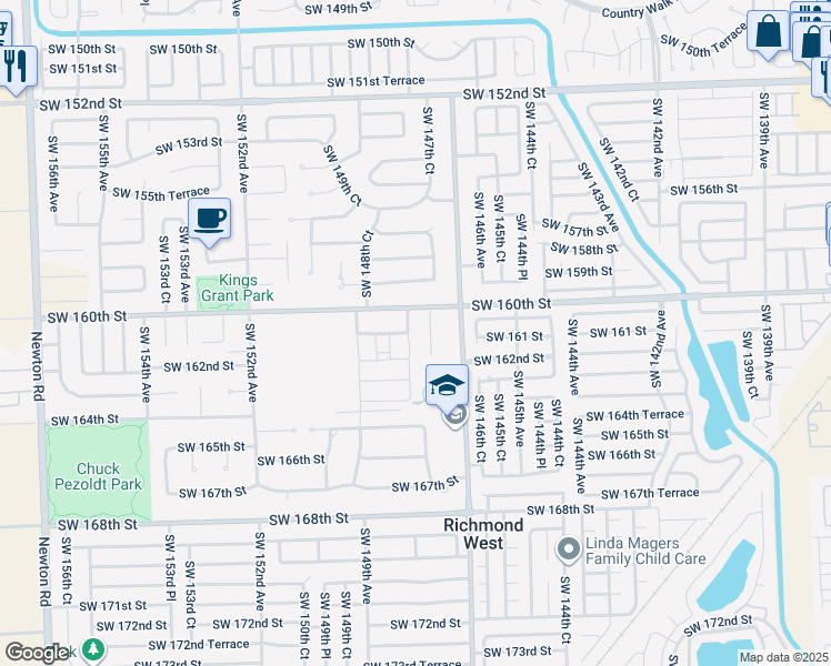 map of restaurants, bars, coffee shops, grocery stores, and more near 16130 Southwest 147th Court in Miami