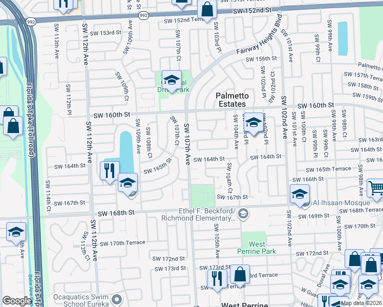 map of restaurants, bars, coffee shops, grocery stores, and more near 16325 Southwest 107th Avenue in Miami