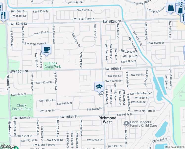 map of restaurants, bars, coffee shops, grocery stores, and more near 16130 Southwest 147th Court in Miami