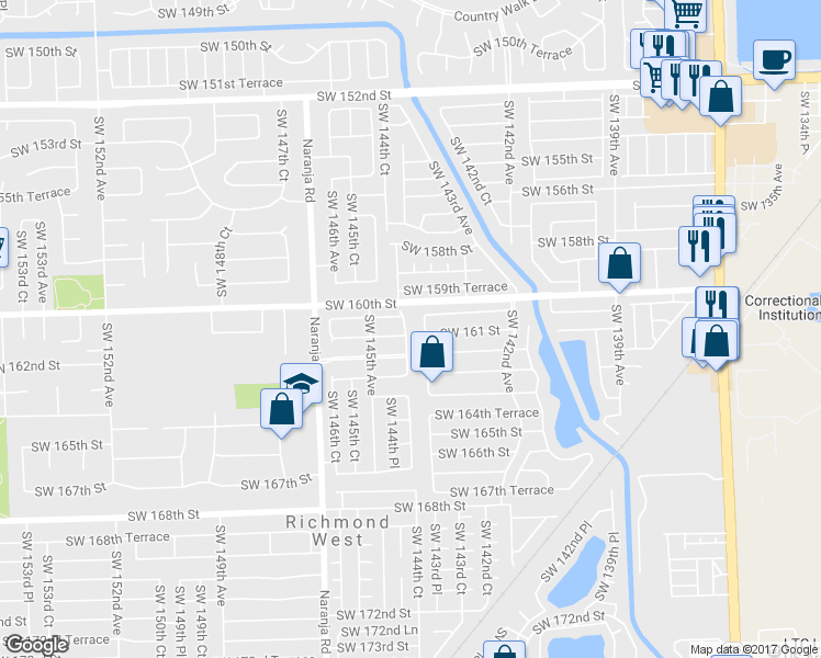 map of restaurants, bars, coffee shops, grocery stores, and more near 16081 Southwest 144th Court in Miami