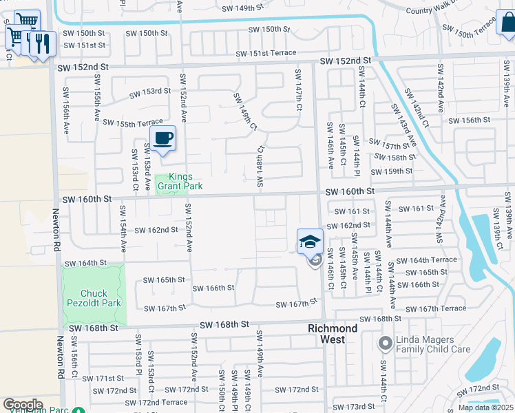 map of restaurants, bars, coffee shops, grocery stores, and more near 14881 Southwest 161 Street in Miami