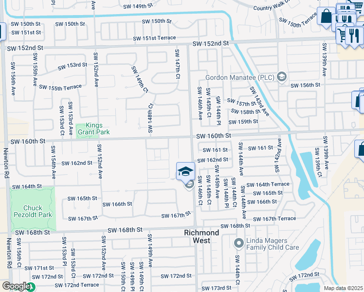 map of restaurants, bars, coffee shops, grocery stores, and more near 16130 Southwest 147th Court in Miami