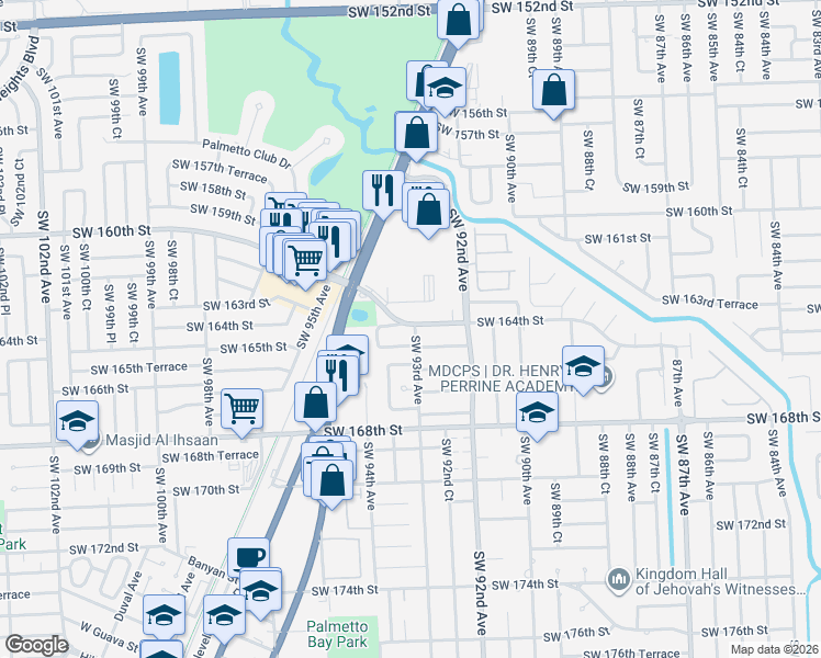 map of restaurants, bars, coffee shops, grocery stores, and more near 9299 Southwest 165th Street in Palmetto Bay