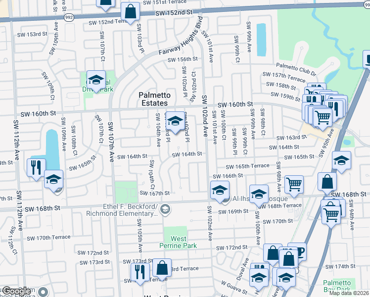 map of restaurants, bars, coffee shops, grocery stores, and more near 10280 Southwest 164th Street in Miami