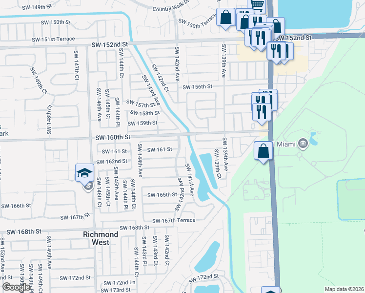 map of restaurants, bars, coffee shops, grocery stores, and more near 16100 Southwest 141st Avenue in Miami