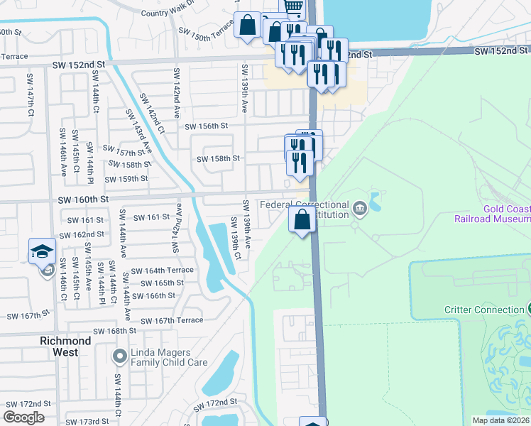 map of restaurants, bars, coffee shops, grocery stores, and more near 16248 Southwest 138th Place in Miami