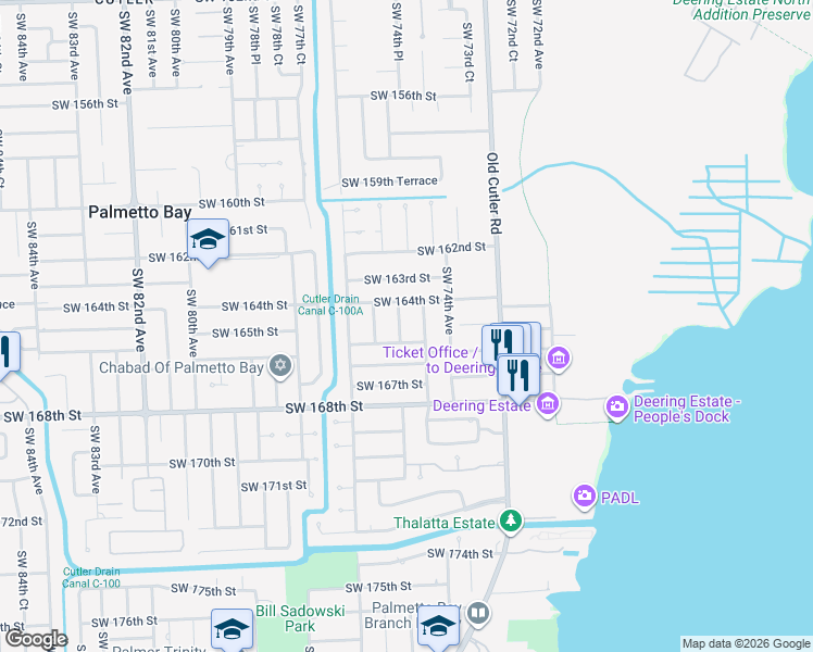 map of restaurants, bars, coffee shops, grocery stores, and more near 7500 Southwest 165th Terrace in Palmetto Bay