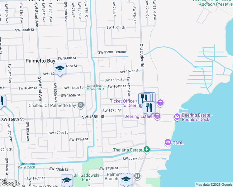 map of restaurants, bars, coffee shops, grocery stores, and more near 7500 Southwest 165th Terrace in Palmetto Bay