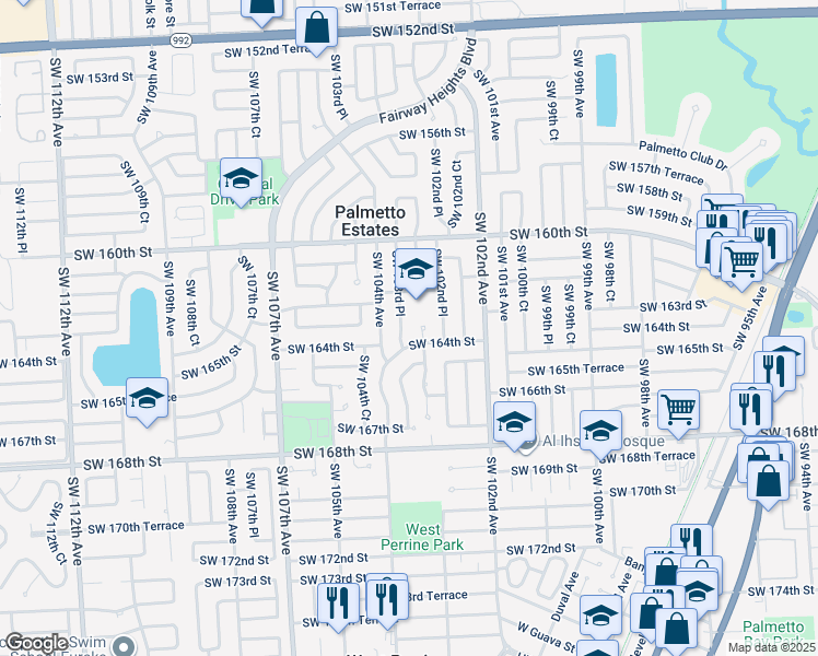 map of restaurants, bars, coffee shops, grocery stores, and more near 10341 Southwest 164th Street in Miami