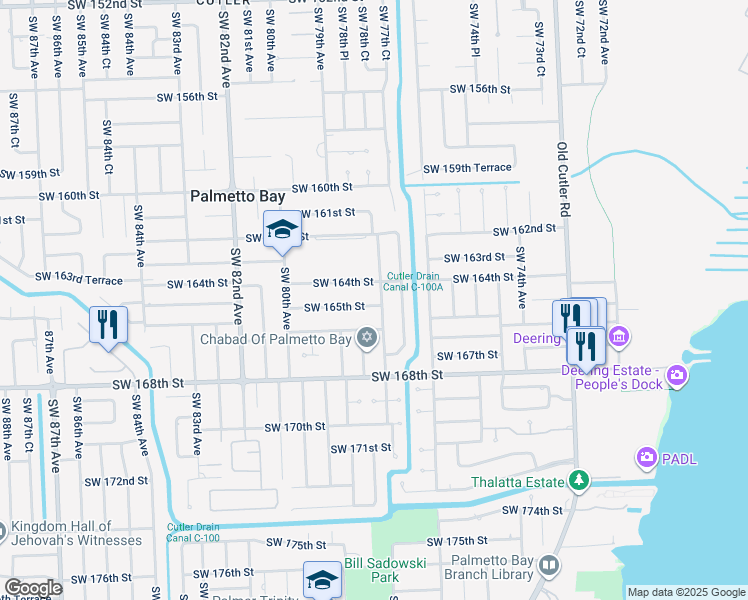 map of restaurants, bars, coffee shops, grocery stores, and more near 7805 Southwest 166th Street in Palmetto Bay