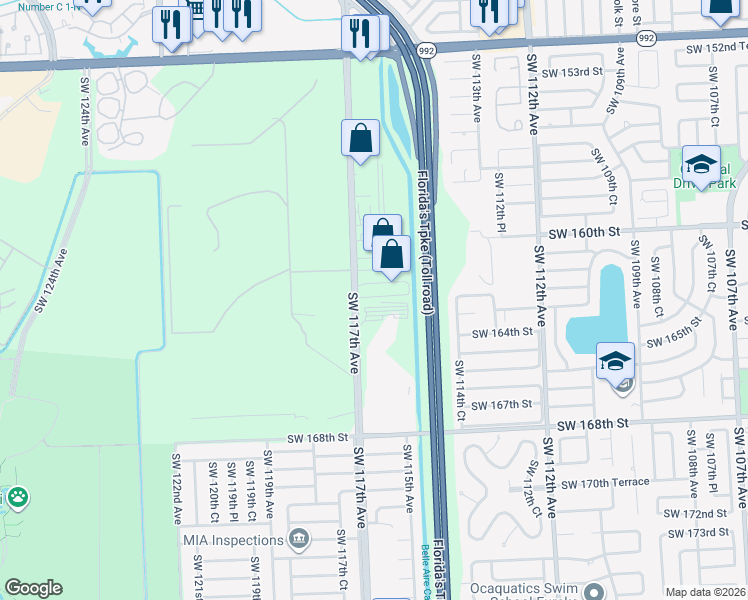 map of restaurants, bars, coffee shops, grocery stores, and more near 16435 Southwest 117th Avenue in Miami