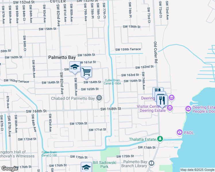 map of restaurants, bars, coffee shops, grocery stores, and more near 16389 Southwest 77th Court in Palmetto Bay