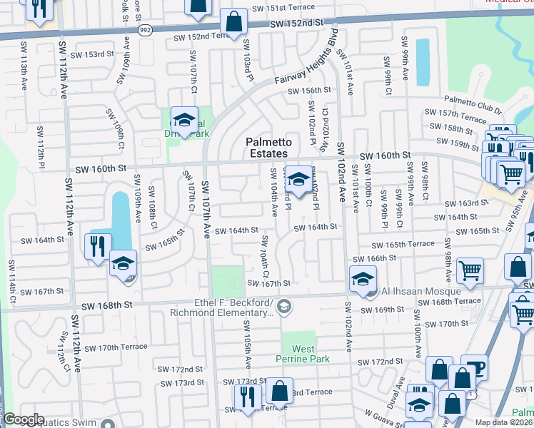 map of restaurants, bars, coffee shops, grocery stores, and more near 10430 Southwest 162nd Terrace in Miami