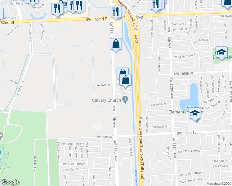 map of restaurants, bars, coffee shops, grocery stores, and more near 16201 Southwest 117th Avenue in Miami