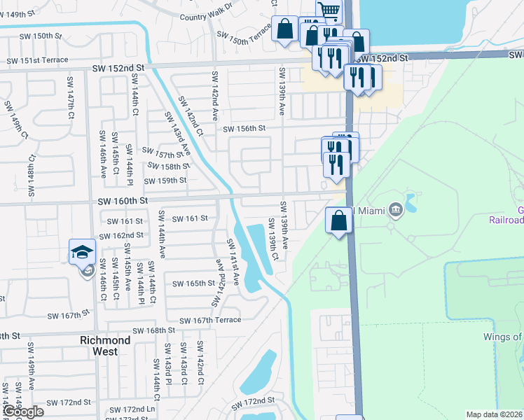 map of restaurants, bars, coffee shops, grocery stores, and more near 13948 Southwest 160th Street in Miami
