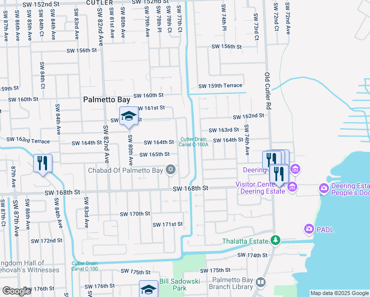 map of restaurants, bars, coffee shops, grocery stores, and more near 16389 Southwest 77th Court in Palmetto Bay
