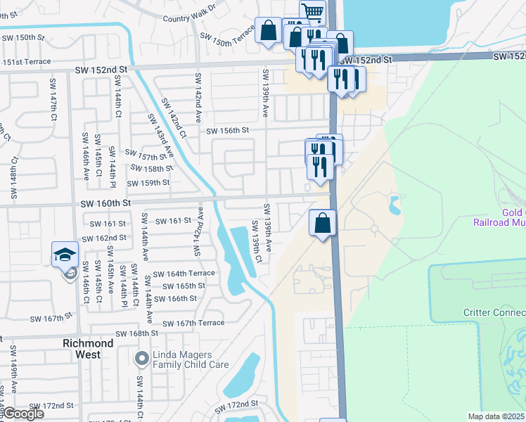 map of restaurants, bars, coffee shops, grocery stores, and more near 13948 Southwest 160th Street in Miami