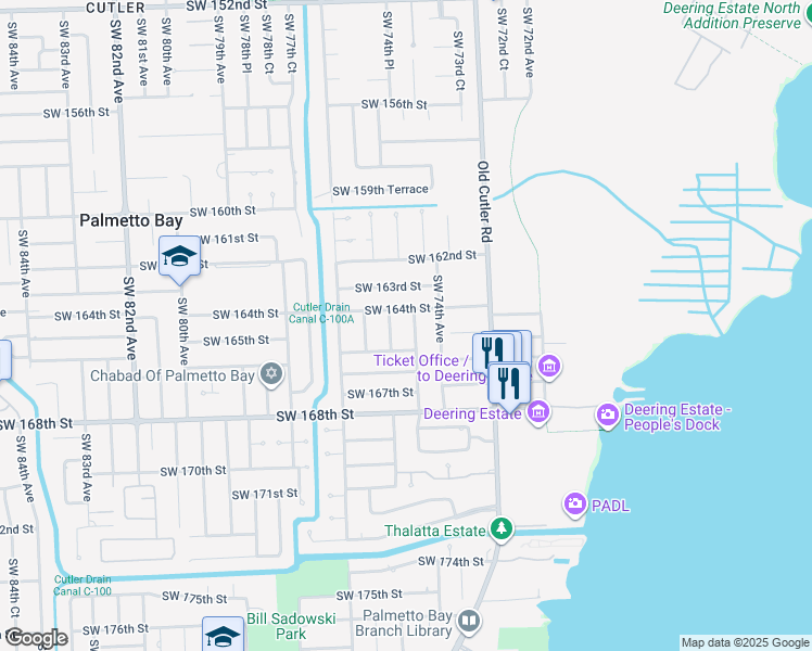 map of restaurants, bars, coffee shops, grocery stores, and more near 7460 Southwest 164th Street in Palmetto Bay