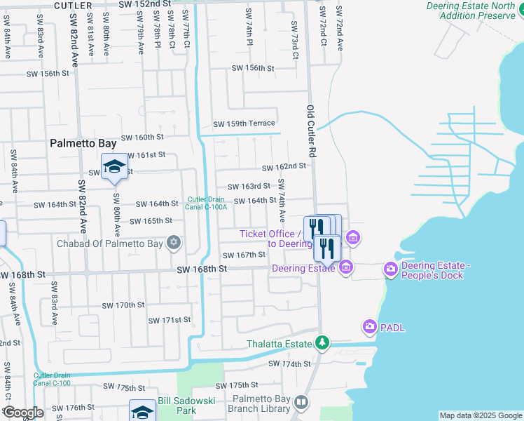map of restaurants, bars, coffee shops, grocery stores, and more near 7460 Southwest 164th Street in Palmetto Bay