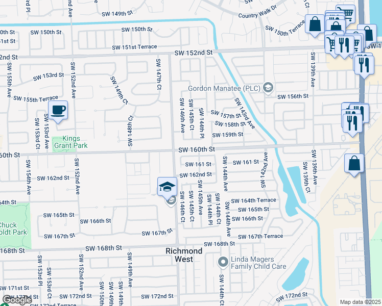 map of restaurants, bars, coffee shops, grocery stores, and more near 14557 Southwest 160th Street in Miami