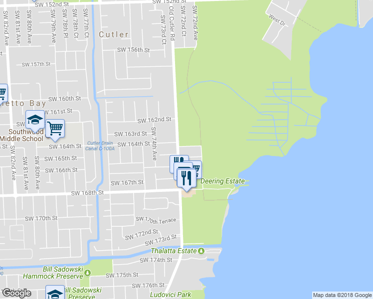 map of restaurants, bars, coffee shops, grocery stores, and more near 7280 Southwest 164th Terrace in Palmetto Bay