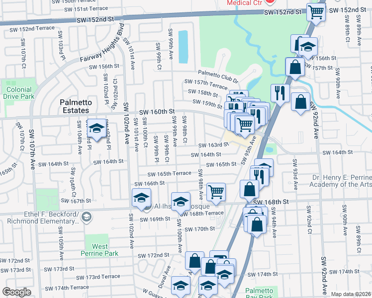 map of restaurants, bars, coffee shops, grocery stores, and more near 9805 Southwest 163rd Street in Miami