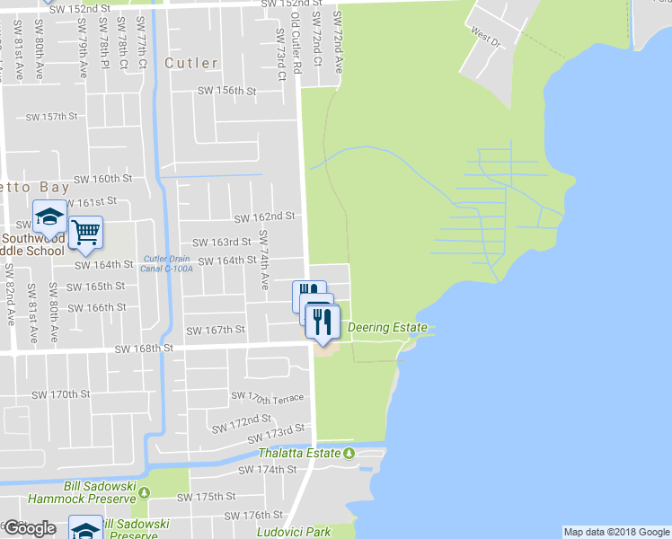 map of restaurants, bars, coffee shops, grocery stores, and more near 7220 Southwest 164th Terrace in Miami