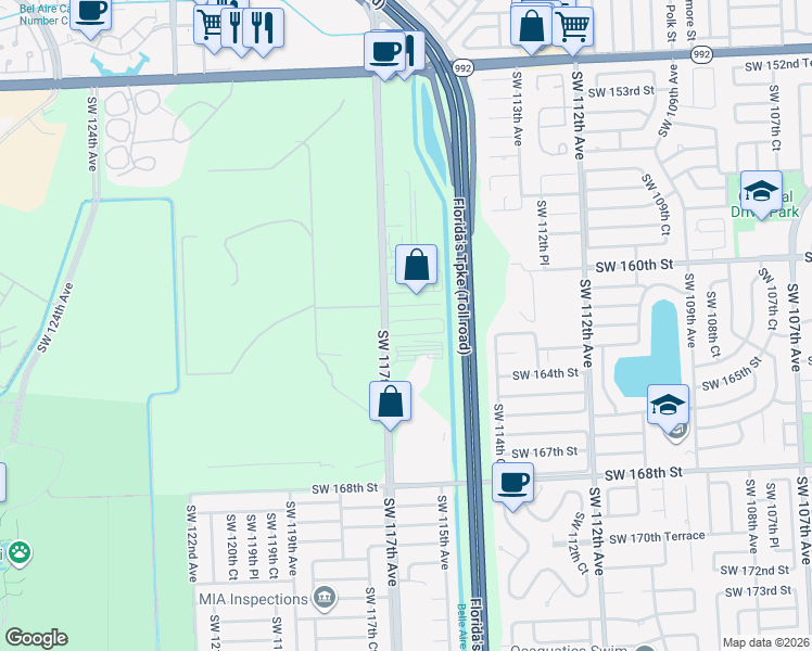 map of restaurants, bars, coffee shops, grocery stores, and more near 16225 Southwest 117th Avenue in Miami