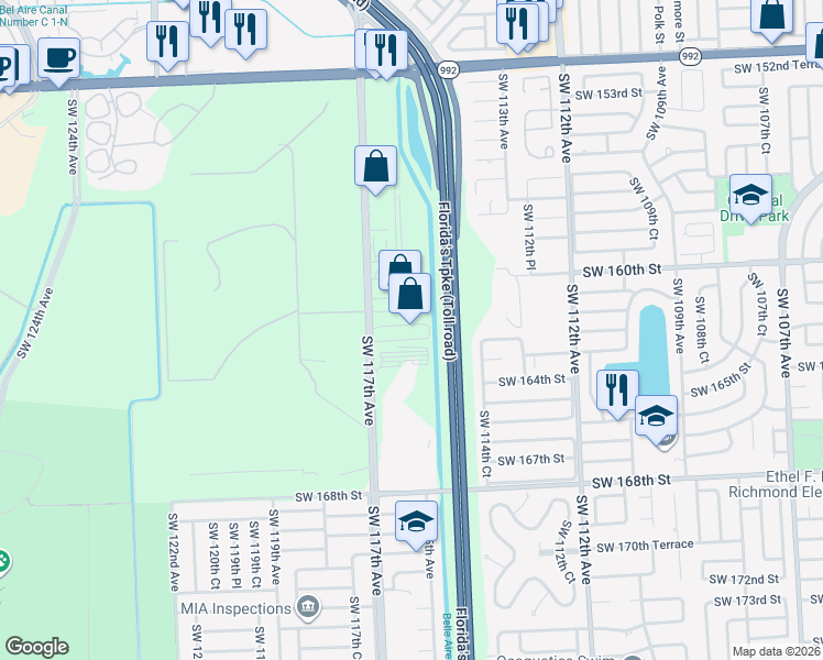 map of restaurants, bars, coffee shops, grocery stores, and more near 16225 Southwest 117th Avenue in Miami
