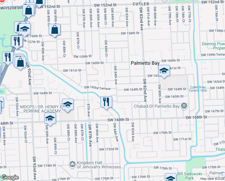 map of restaurants, bars, coffee shops, grocery stores, and more near 8412 Southwest 163rd Terrace in Palmetto Bay