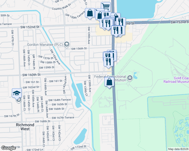 map of restaurants, bars, coffee shops, grocery stores, and more near 13867 Southwest 160th Terrace in Miami