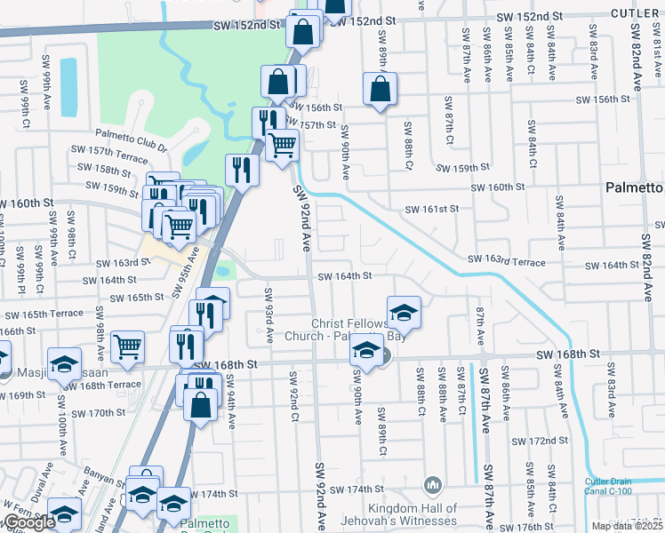 map of restaurants, bars, coffee shops, grocery stores, and more near 9034 Southwest 163rd Terrace in Palmetto Bay