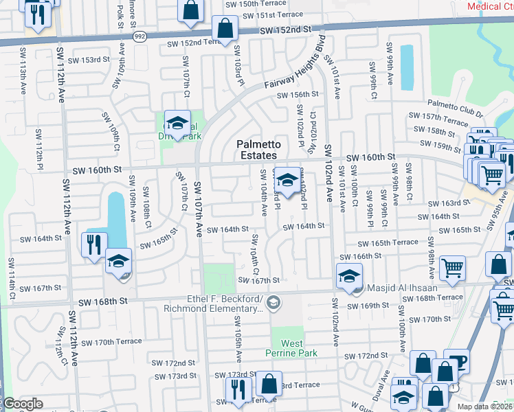 map of restaurants, bars, coffee shops, grocery stores, and more near 10430 Southwest 162nd Terrace in Miami