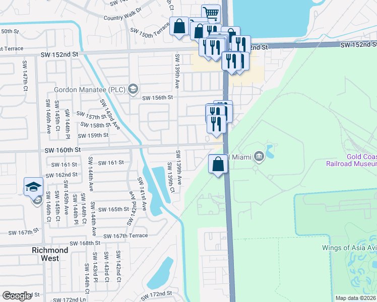 map of restaurants, bars, coffee shops, grocery stores, and more near 13867 Southwest 160th Terrace in Miami