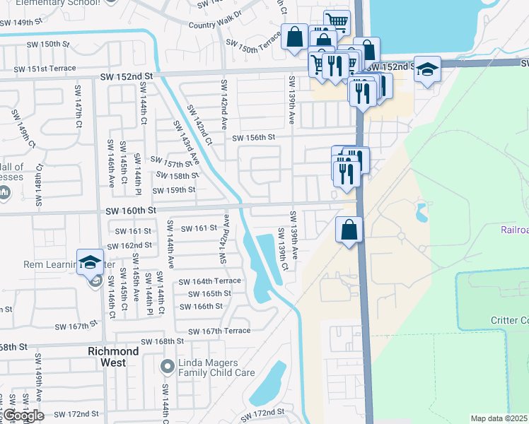 map of restaurants, bars, coffee shops, grocery stores, and more near 16001 Southwest 140th Court in Miami