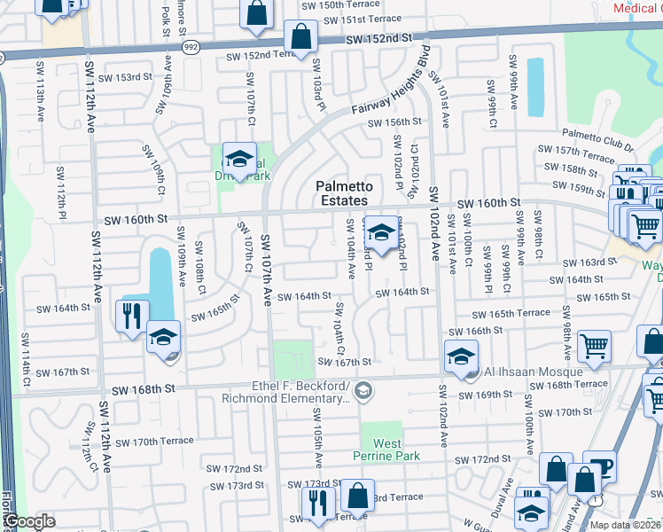map of restaurants, bars, coffee shops, grocery stores, and more near 10430 Southwest 162nd Terrace in Miami