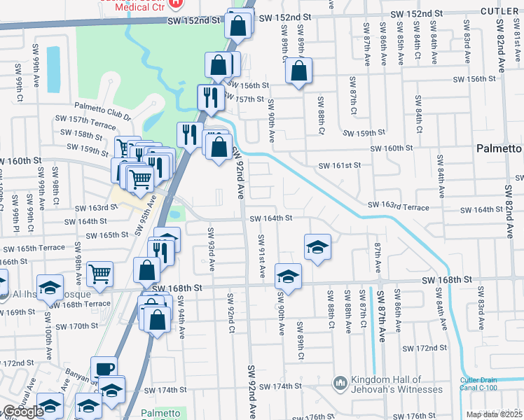 map of restaurants, bars, coffee shops, grocery stores, and more near 9034 Southwest 163rd Terrace in Palmetto Bay